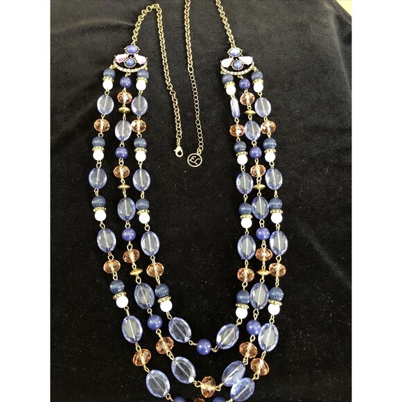 Vintage Statement Triple Strand Long Beaded Necklace Blue/pink White 40” Signed - Picture 1 of 7